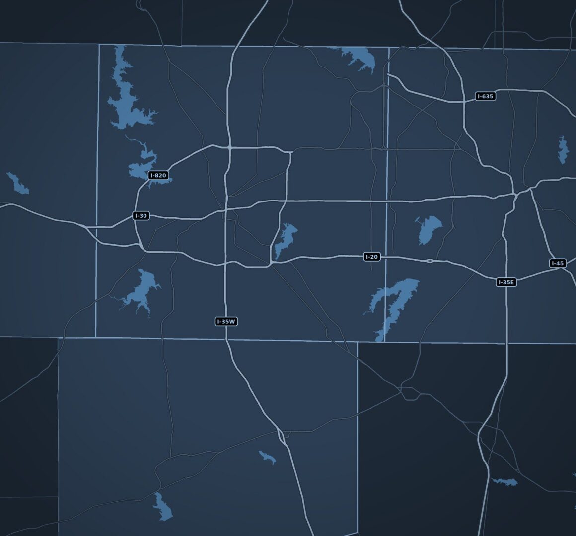 Map of the Dallas–Fort Worth area showing Tarrant, Dallas, Johnson and Parker counties with major highways