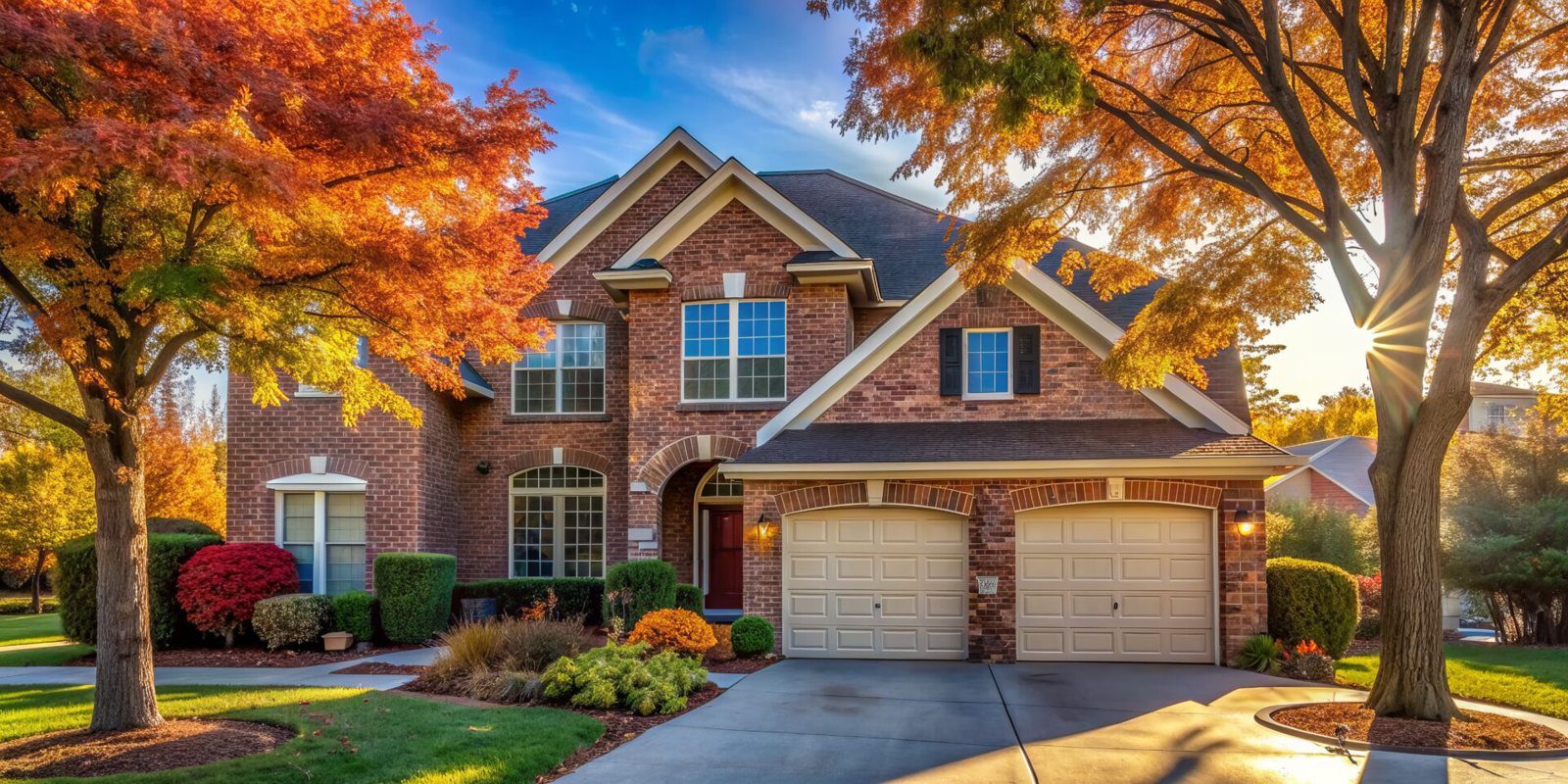 A brick home with fall trees in a residential neighborhood