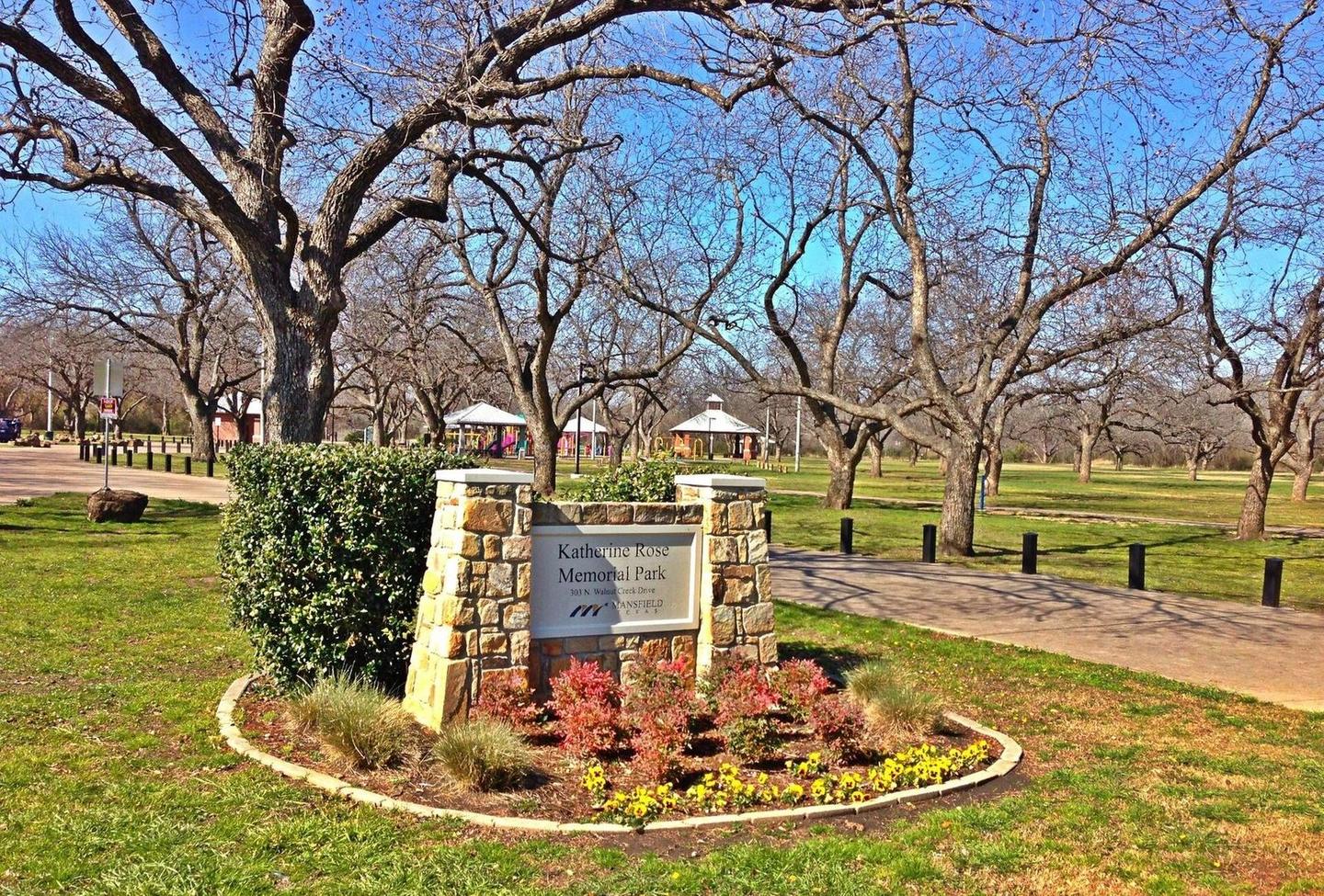 Katherine Rose Memorial Park entrance and pecan grove in Mansfield