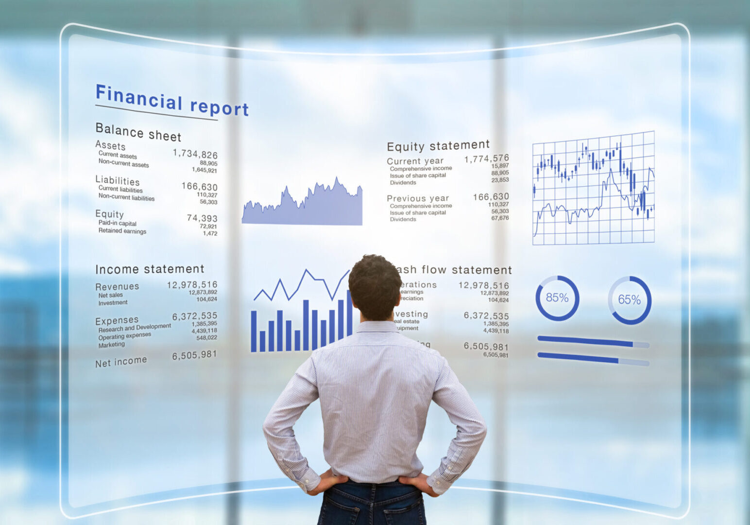 Businessman analyzing financial report data of the company operations (balance sheet, income statement) on virtual computer screen with business charts, fintech